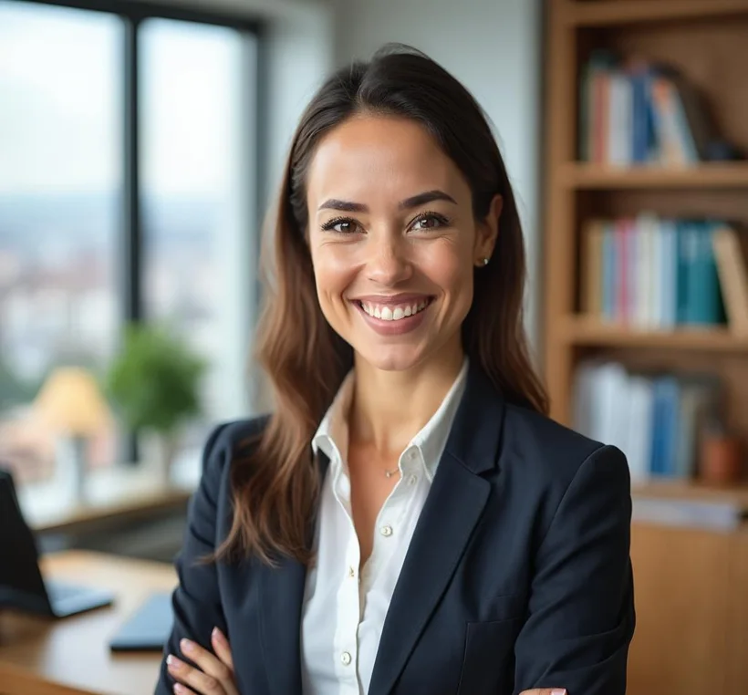 Friendly BrightBooks bookkeeper smiling at her desk