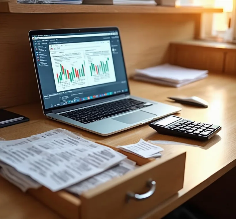 A neatly organised desk with sorted receipts and a laptop