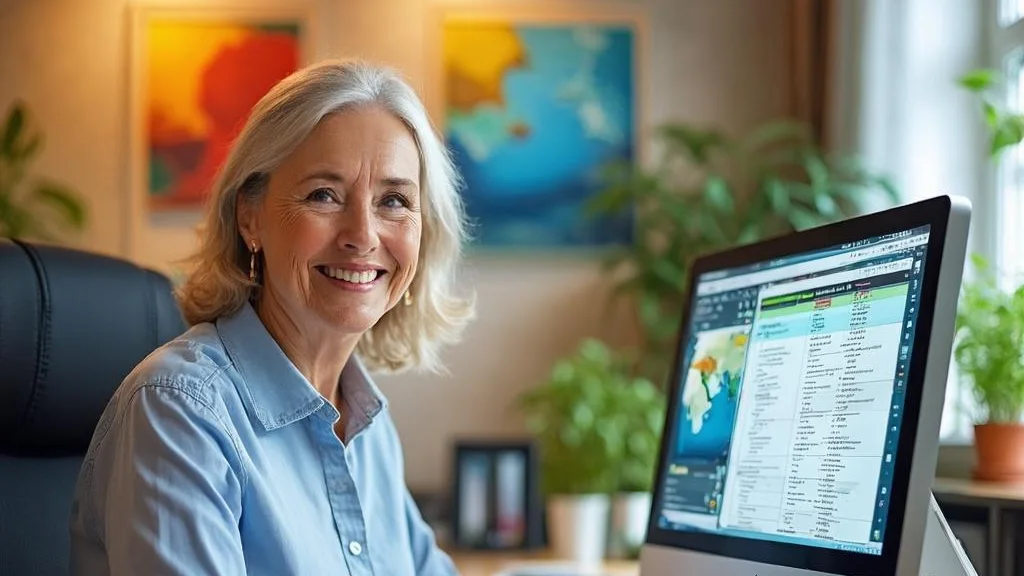 Cheerful bookkeeper working at a tidy, organised desk in a bright office