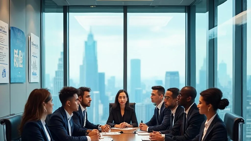 Corporate audit team in a glass boardroom reviewing financial statements with a city skyline beyond