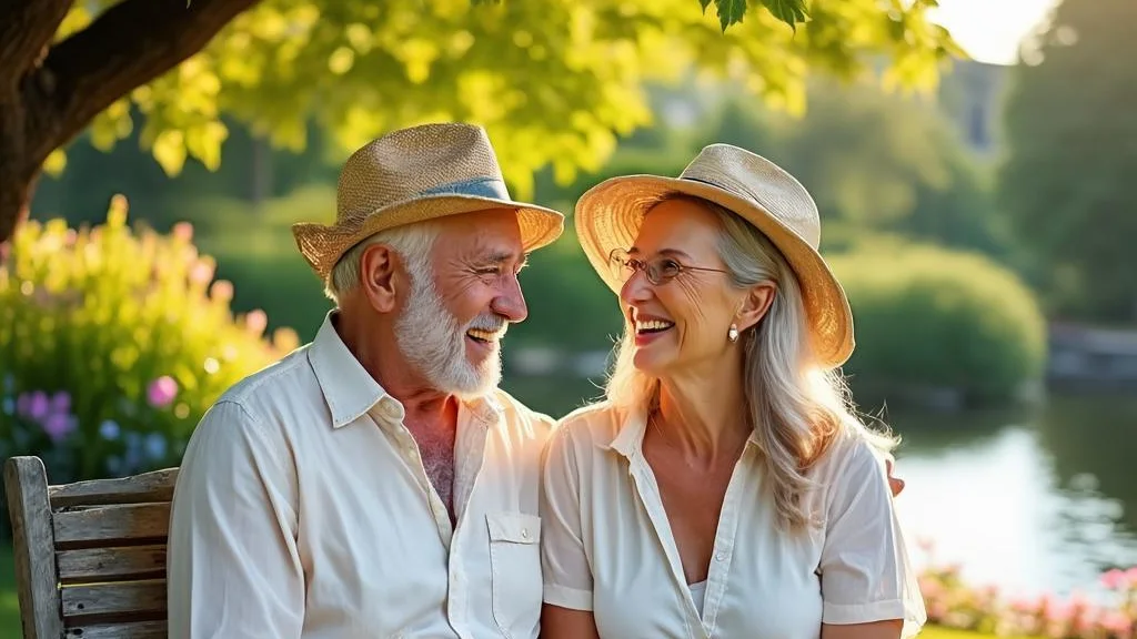 A happy, relaxed mature retired couple walking outdoors together