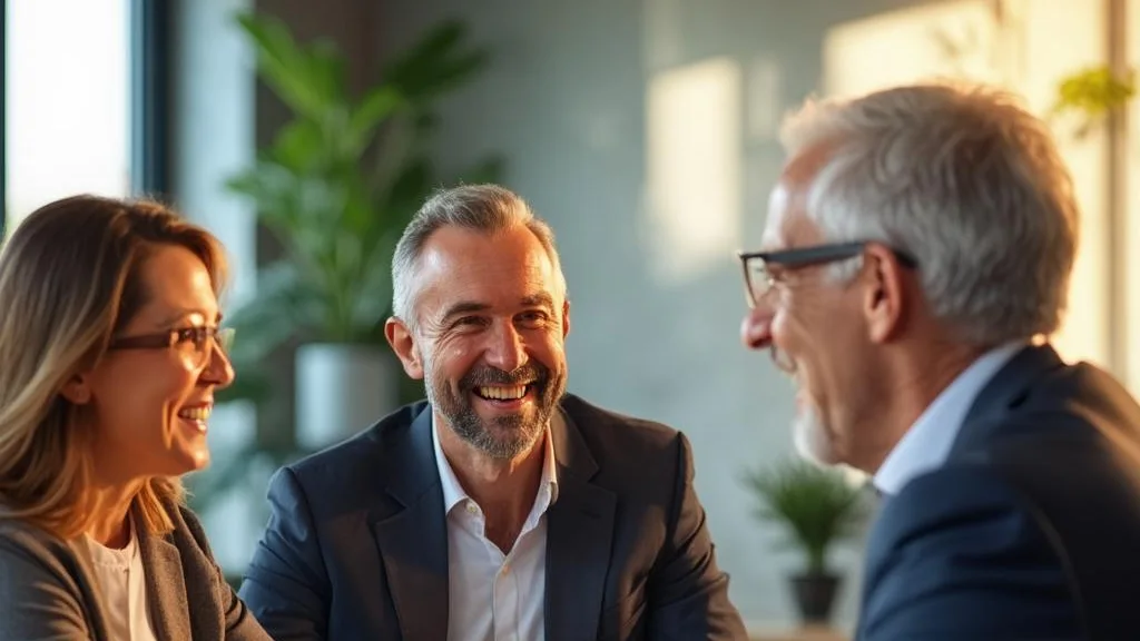 A warm wealth adviser meeting a happy mature couple about their retirement in a calm, premium office