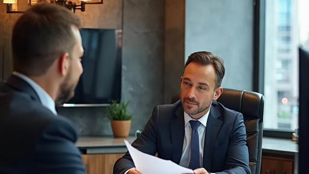 Property tax adviser reviewing documents with a client in a premium office