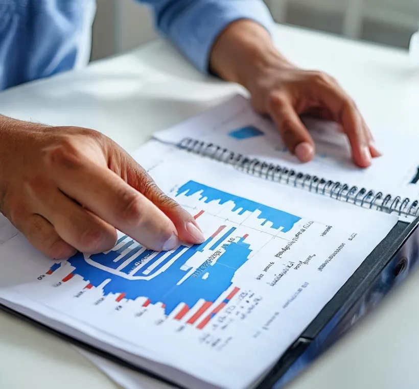 Hands reviewing business finances on a laptop