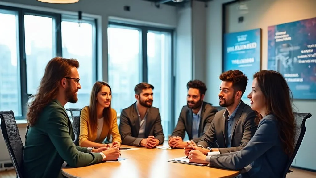 A diverse young finance team collaborating around a desk