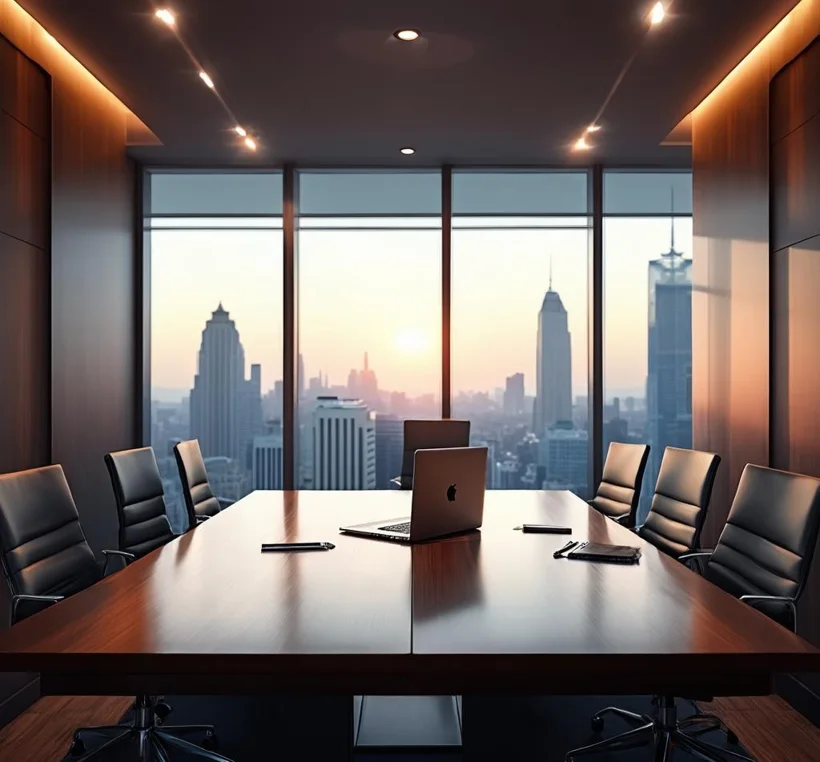 Sleek premium boardroom with a city skyline view