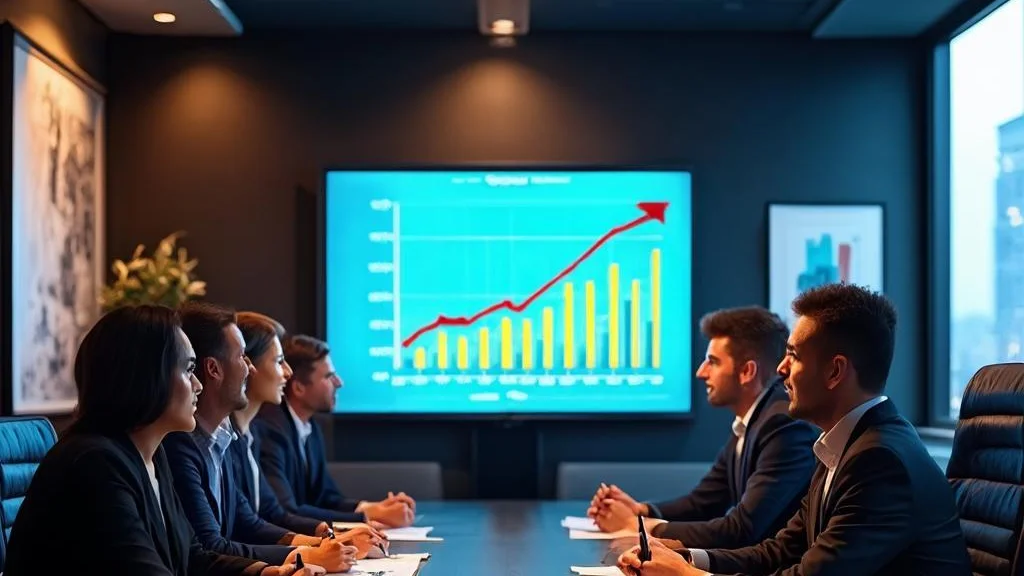 Advisory team in a premium dark boardroom reviewing growth charts during a strategy meeting