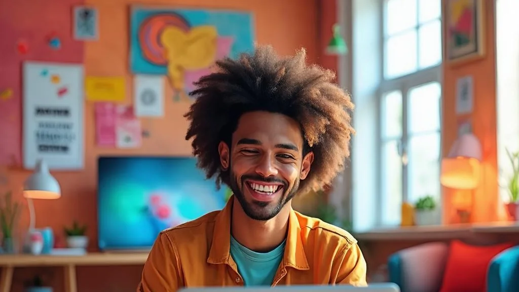Happy young content creator celebrating at a laptop in a colourful home office